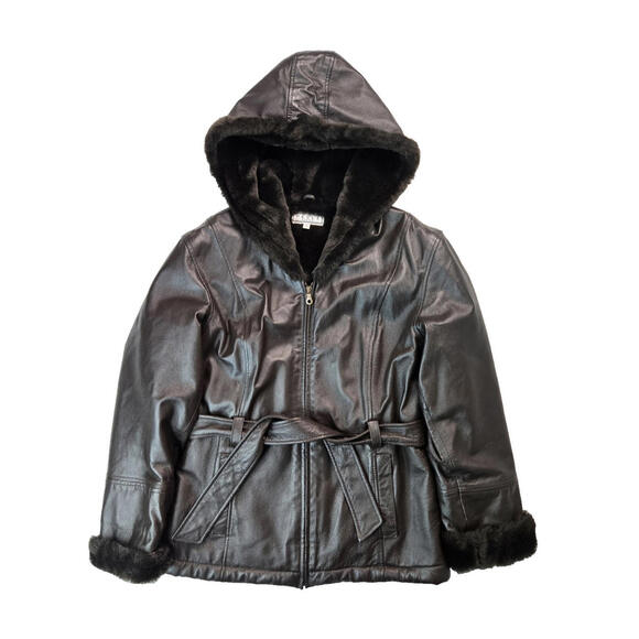 Pelle Studio Jackets & Blazers - Pelle Studio Faux Fur Dark Brown Leather Hooded Belted Jacket Womens Small S
